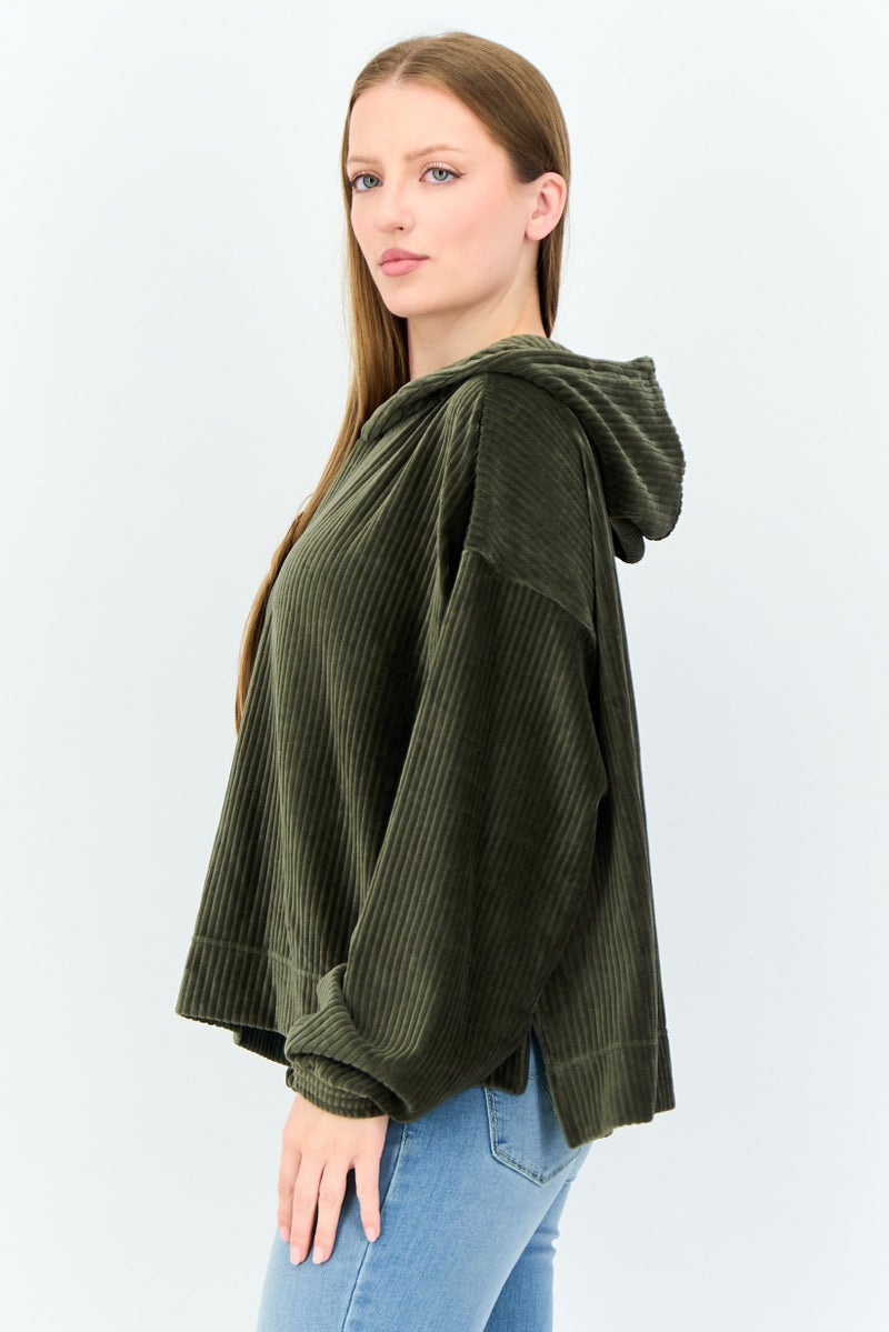 Aerie Women Corduroy Long Sleeve Hoodie, Olive - Image 3
