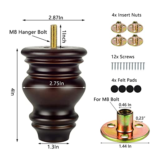 Michanco 4 Inch Wood Furniture Legs Set of 4 Wooden Bun Feet for Couch Sofa Ottoman Mid Century M8 Bolt Screw in - Image 5