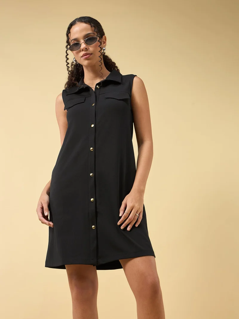 OUTZIDR Black Mini Crepe Dress