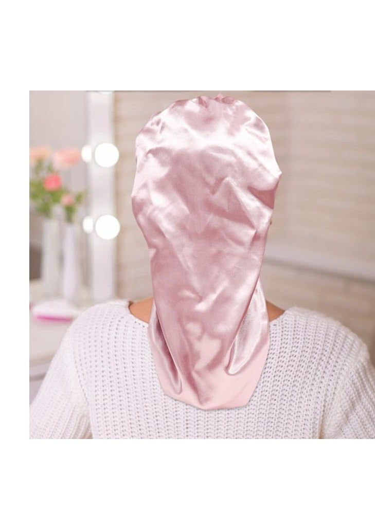 Generic AWAYTR Long Satin Bonnet for Women - Double Layer Elastic Silk Bonnet for Braids Hair Sleeping Cap with Tie Band (Pink) - Image 5