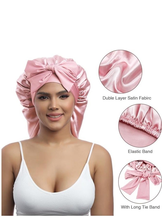 Generic AWAYTR Long Satin Bonnet for Women - Double Layer Elastic Silk Bonnet for Braids Hair Sleeping Cap with Tie Band (Pink) - Image 1