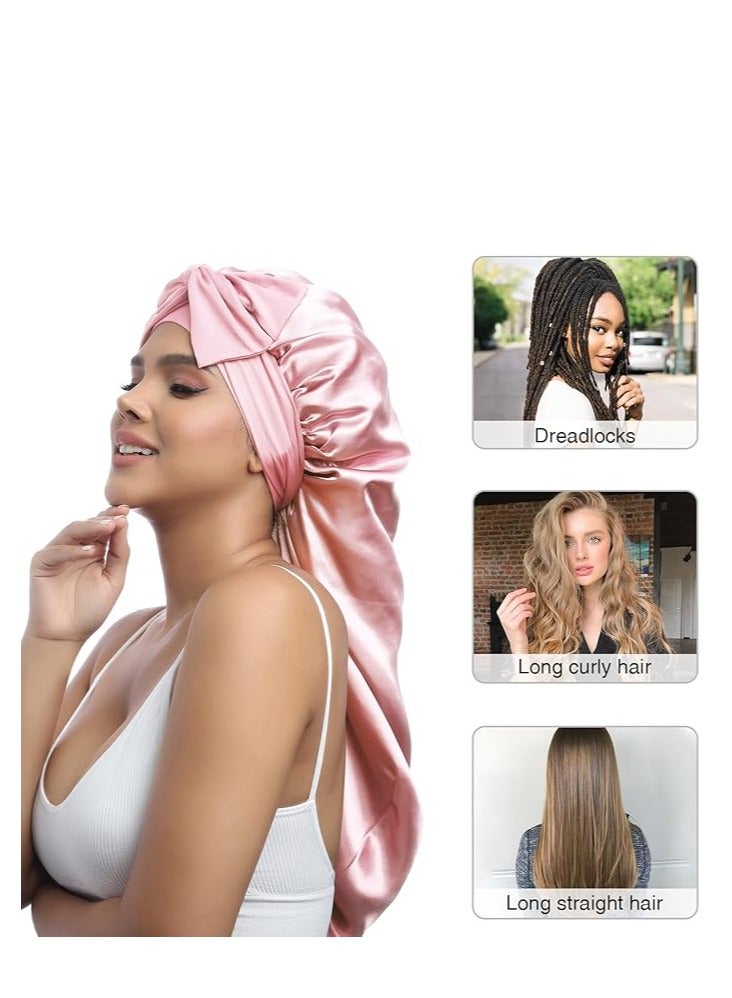 Generic AWAYTR Long Satin Bonnet for Women - Double Layer Elastic Silk Bonnet for Braids Hair Sleeping Cap with Tie Band (Pink) - Image 2