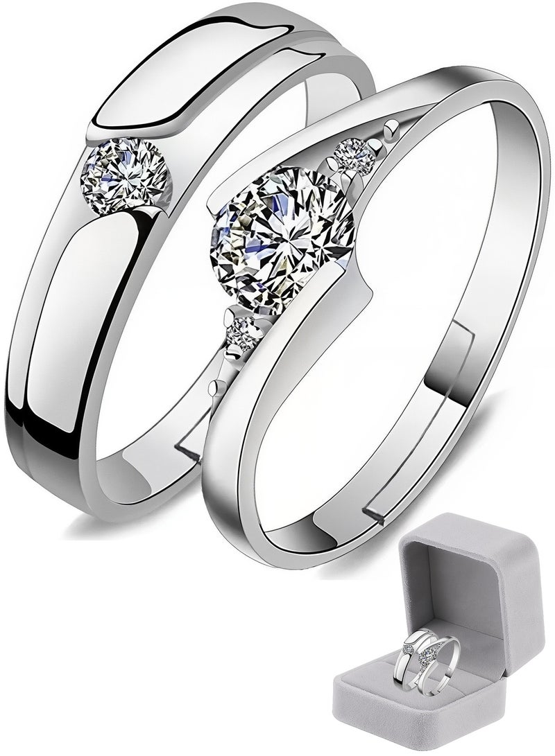 A Pair of 925 Sterling Silver Adjustable Couple Rings Double Heart Matching Bands for Him and Her Perfect for Engagement Wedding Day Anniversary or Daily Wear - Image 1