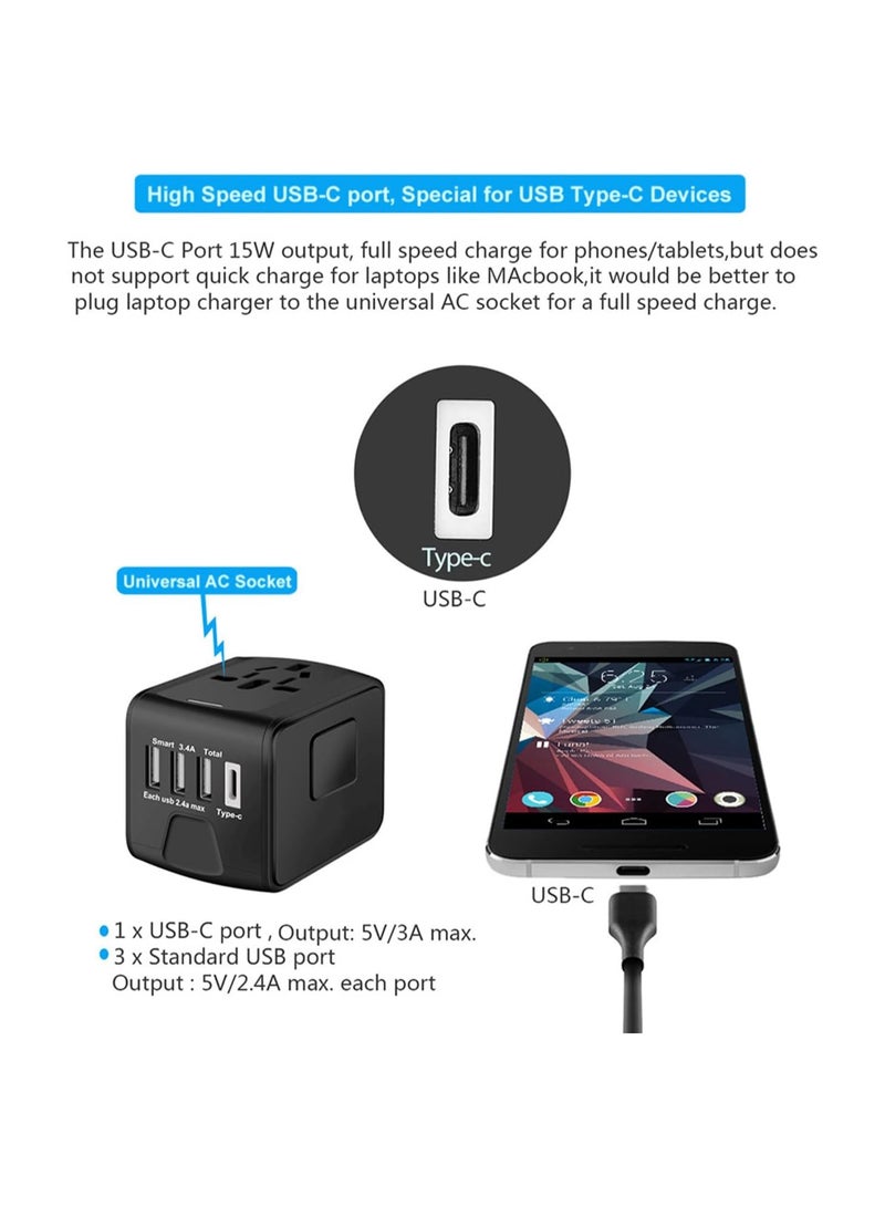 Universal International Travel Power Adapter W/High Speed 2.4A USB, 3.0A Type-C Wall Charger,  Worldwide AC Outlet Plugs Adapters for Europe, UK, US, AU, Asia-Black - Image 3