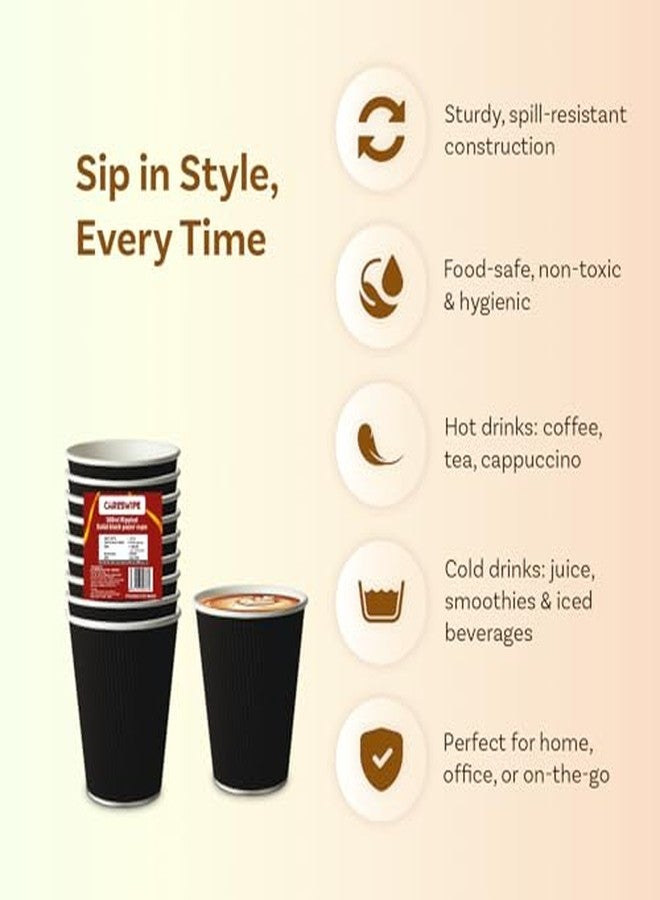 Careswipe Paper Cups 360ml | Black Ripple Wall Disposable Coffee Cups | Hot Cold Tea Coffee Cups (Pack of 20) - Image 3