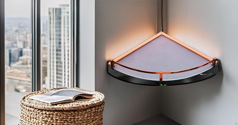 INOCI Neptune Series 12x12 Stainless Steel Glass Corner Shelf, Rose Gold Finish Frame for Bthroom/Bedroom/Kitchen - Image 1