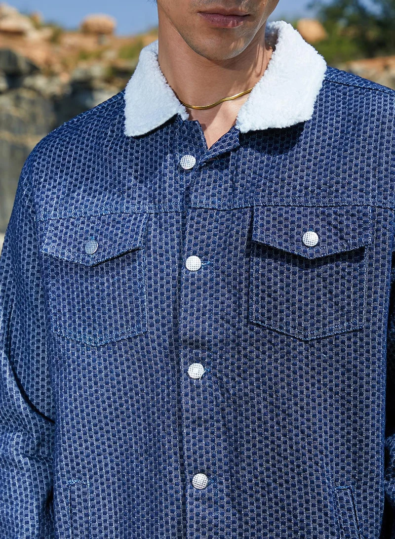 CAHOOT  Men's Denim Blue Fleece Polka Dot Denim Jacket for Men | Best Price UAE