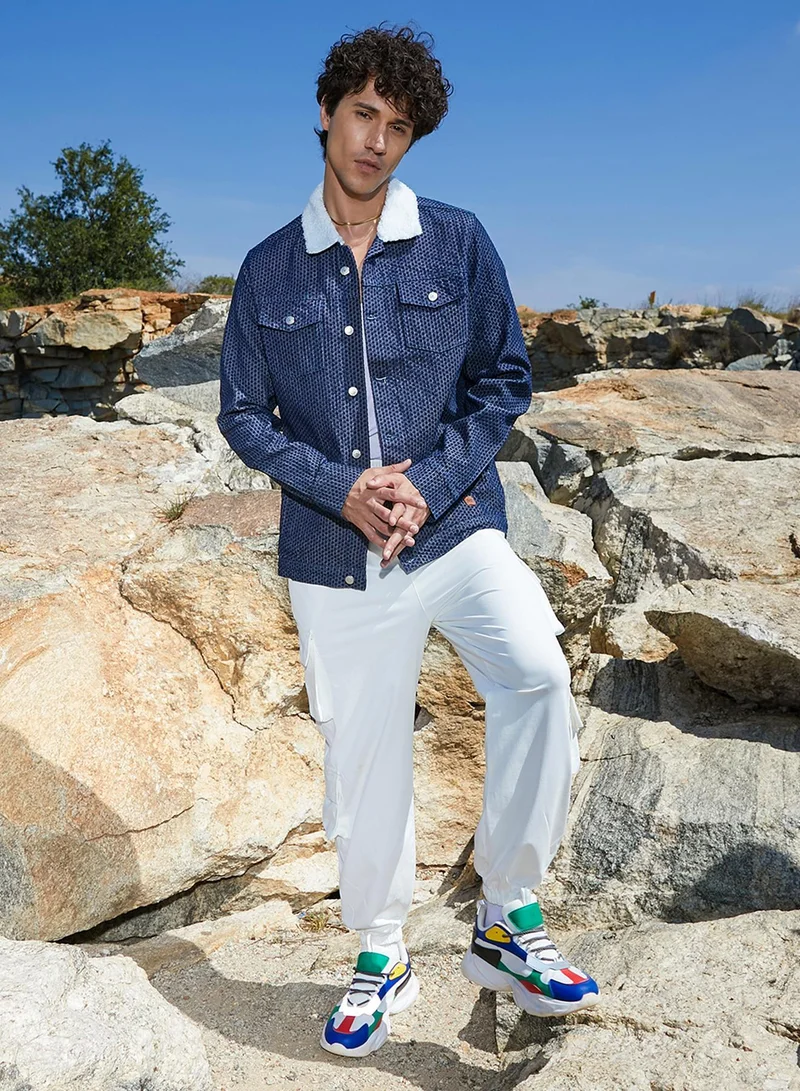 CAHOOT  Men's Denim Blue Fleece Polka Dot Denim Jacket for Men | Best Price UAE