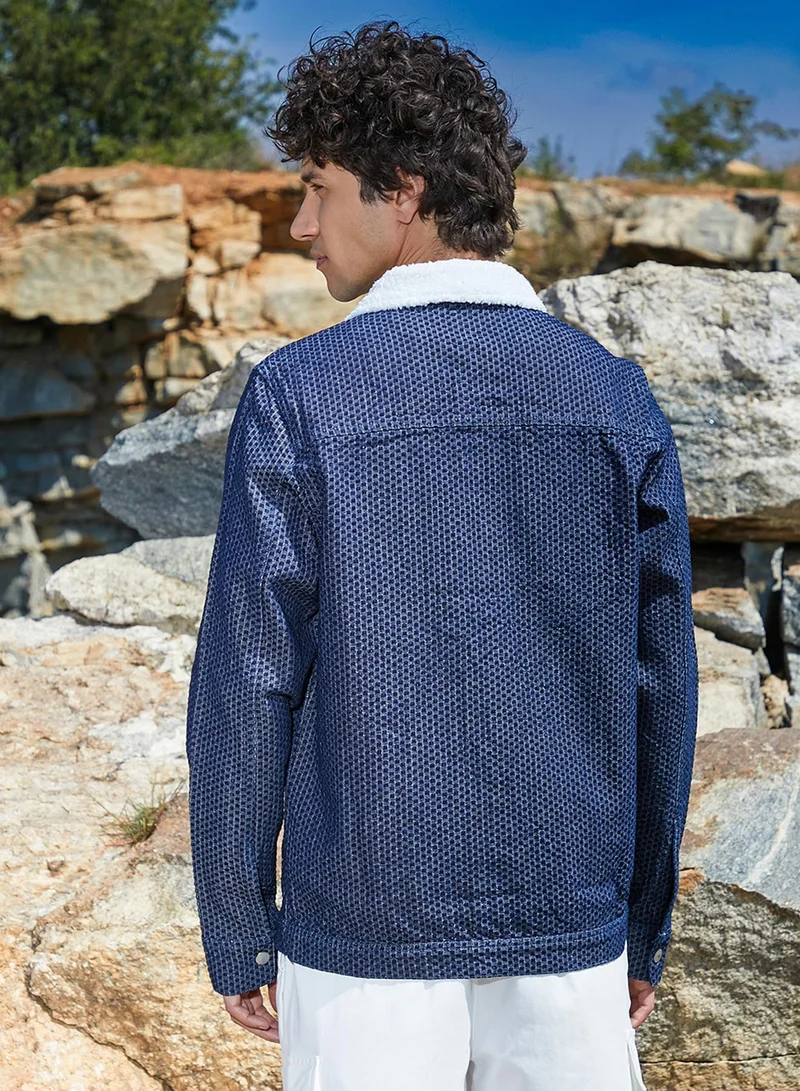 CAHOOT  Men's Denim Blue Fleece Polka Dot Denim Jacket for Men | Best Price UAE