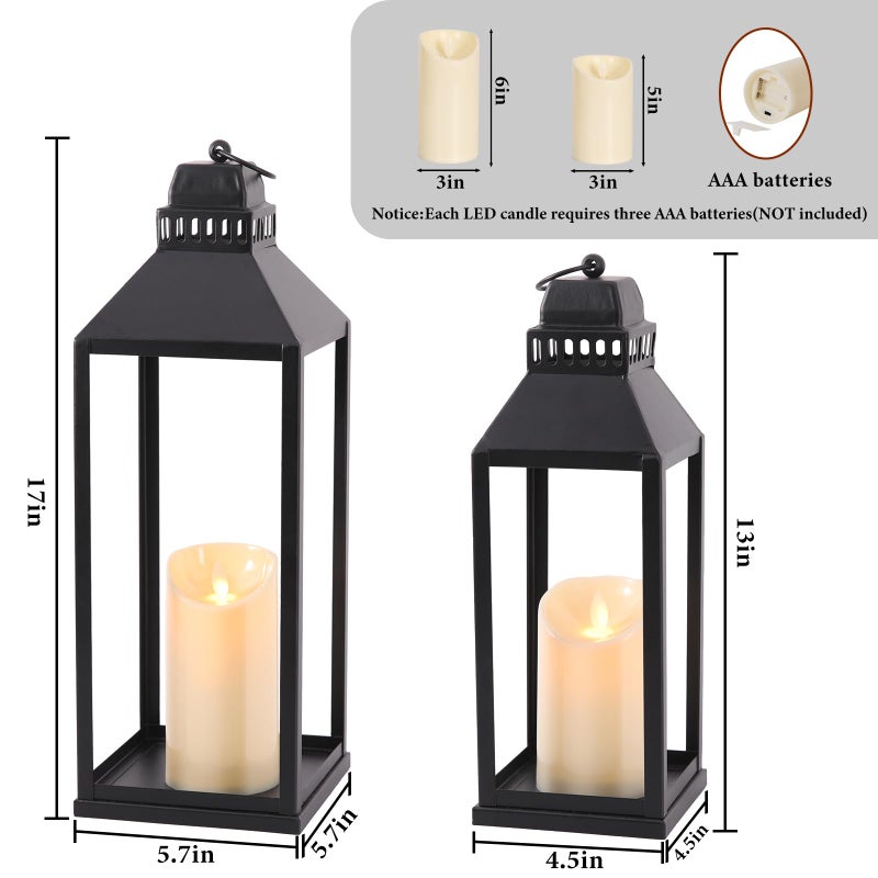 MATAHUM 17" 13" Lanterns Decorative Indoor Outdoor, Set of 2 Modern Farmhouse Metal Black Lantern with Candles, Boho Rustic Decor Decorative Lanterns for Mantle, Fireplace, Patio, Porch, Home Decor - Image 2