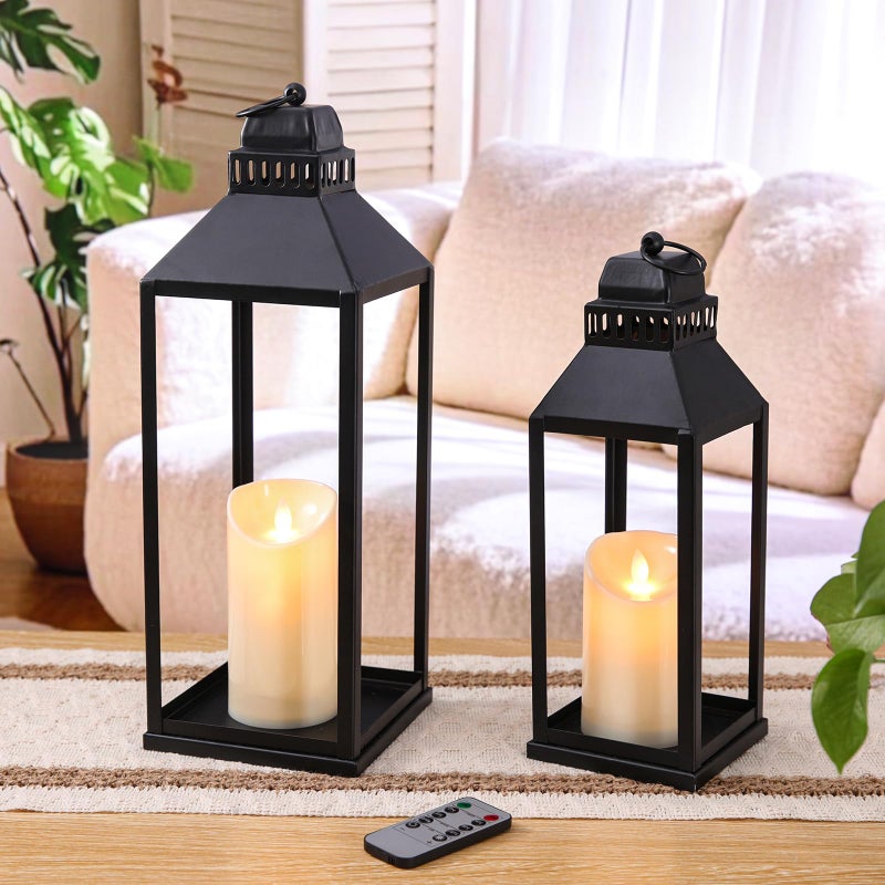 MATAHUM 17" 13" Lanterns Decorative Indoor Outdoor, Set of 2 Modern Farmhouse Metal Black Lantern with Candles, Boho Rustic Decor Decorative Lanterns for Mantle, Fireplace, Patio, Porch, Home Decor - Image 3