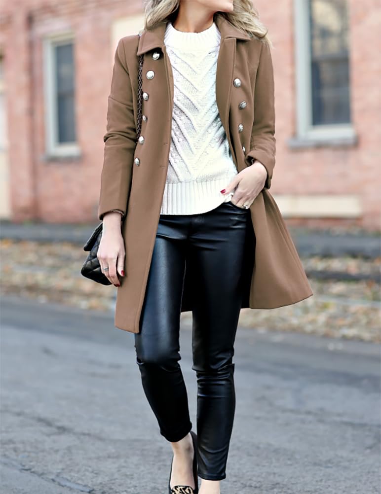 IDEALSANXUN Wool Coats for Women Trench Coat 2025 Fall Winter Double Breasted Tweed Blazers Jackets Peacoat, Dark Khaki, L - Image 3
