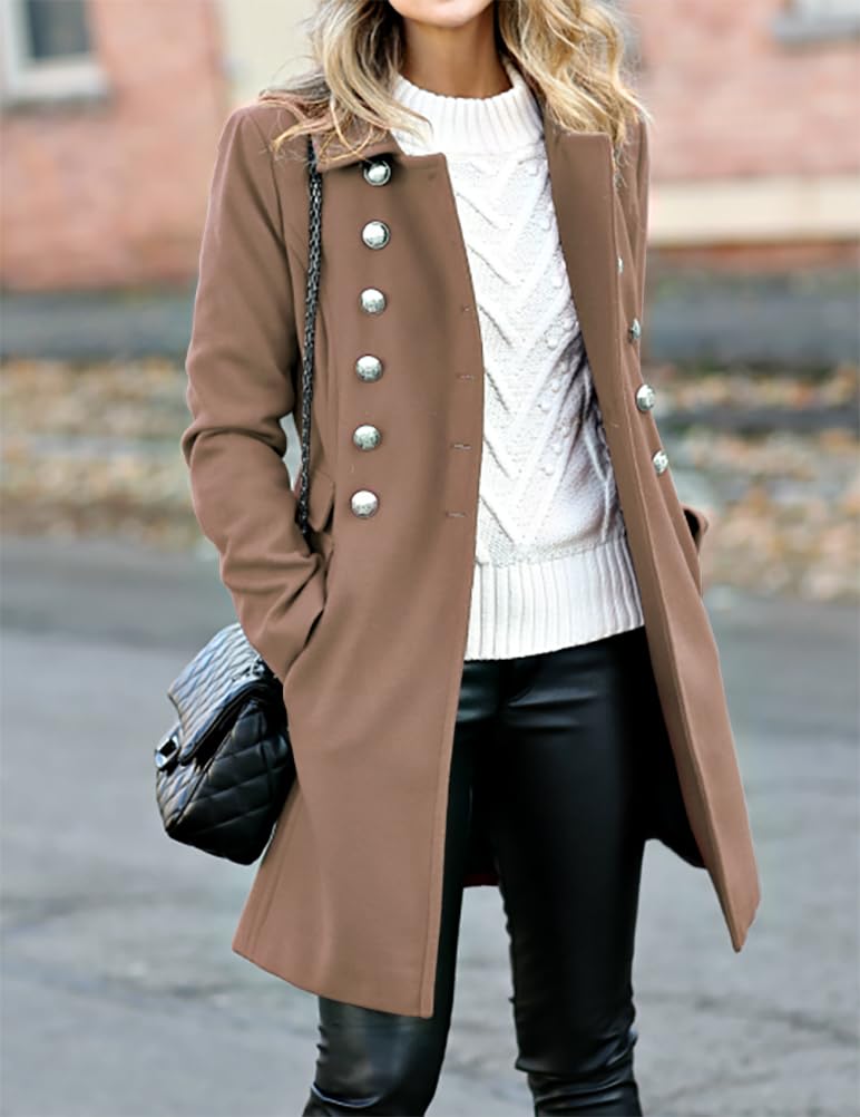 IDEALSANXUN Wool Coats for Women Trench Coat 2025 Fall Winter Double Breasted Tweed Blazers Jackets Peacoat, Dark Khaki, L - Image 2