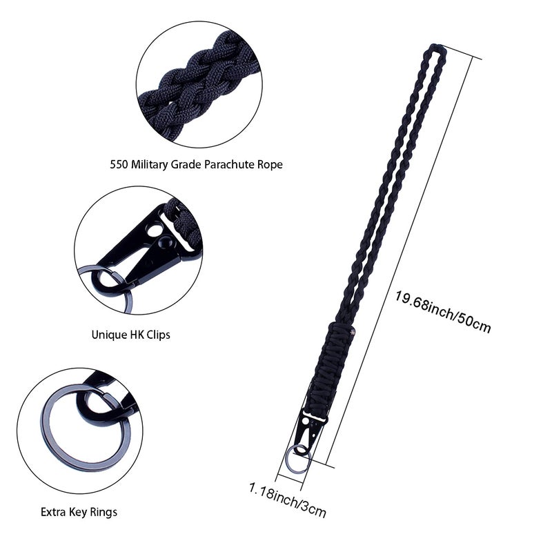MAGITATI Heavy Duty Braided 550 Paracord Neck Lanyard Keychain for Men Women Outdoor Survival, Parachute Rope Necklace Keychains with HK Clip Key Ring for ID Card Badge Holder, Camera, Wallet and Keys (Black) - Image 2