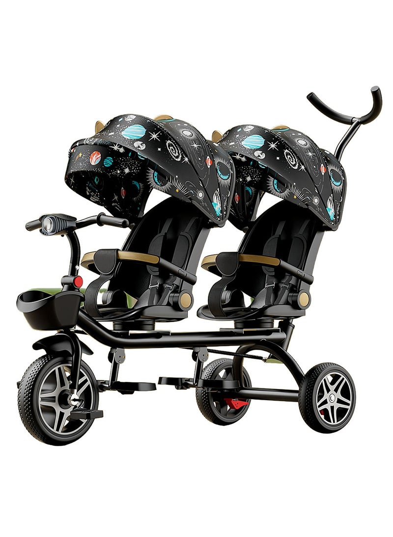 MaBaby 2-in-1 Convertible Stroller and Tricycle Double Stroller Bike for Twins, Reclining Seat & 360° Rotating, 4-Stage Grow-with-Me Kid's Trike w/Sun Canopy & Music Lights, Lightweight Foldable Design - Image 1