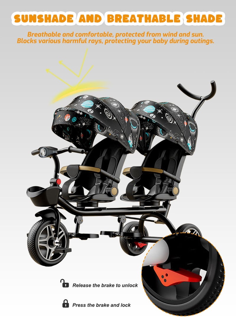 MaBaby 2-in-1 Convertible Stroller and Tricycle Double Stroller Bike for Twins, Reclining Seat & 360° Rotating, 4-Stage Grow-with-Me Kid's Trike w/Sun Canopy & Music Lights, Lightweight Foldable Design - Image 2