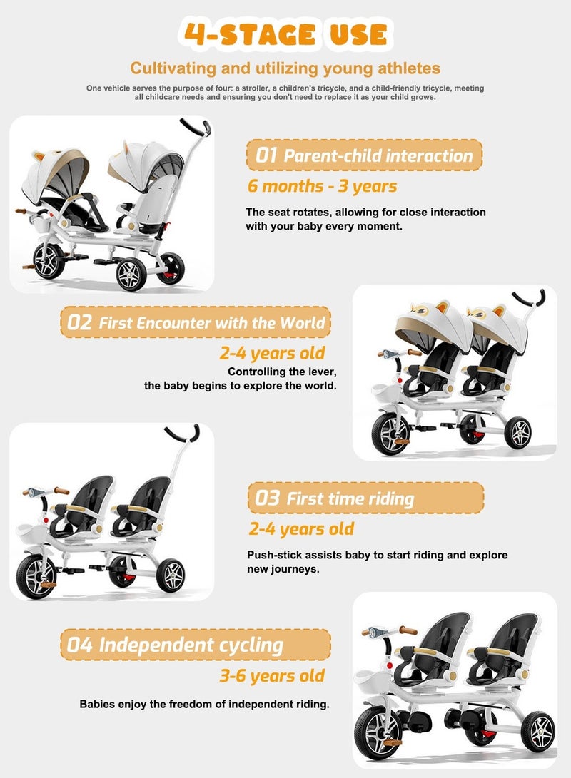 MaBaby 2-in-1 Convertible Stroller and Tricycle Double Stroller Bike for Twins, Reclining Seat & 360° Rotating, 4-Stage Grow-with-Me Kid's Trike w/Sun Canopy & Music Lights, Lightweight Foldable Design - Image 5