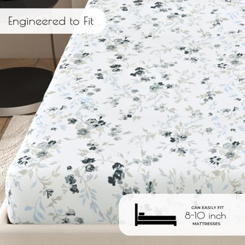 Plumora King Size Fitted Bedsheet with Elastic, 100% Pure Cotton King Size Fitted Bedsheet for Double Bed with 2 Pillow Covers, 240 TC, 72×78 Inches up to 8-inch Mattress, Floral Design (Spring Tide) - Image 2