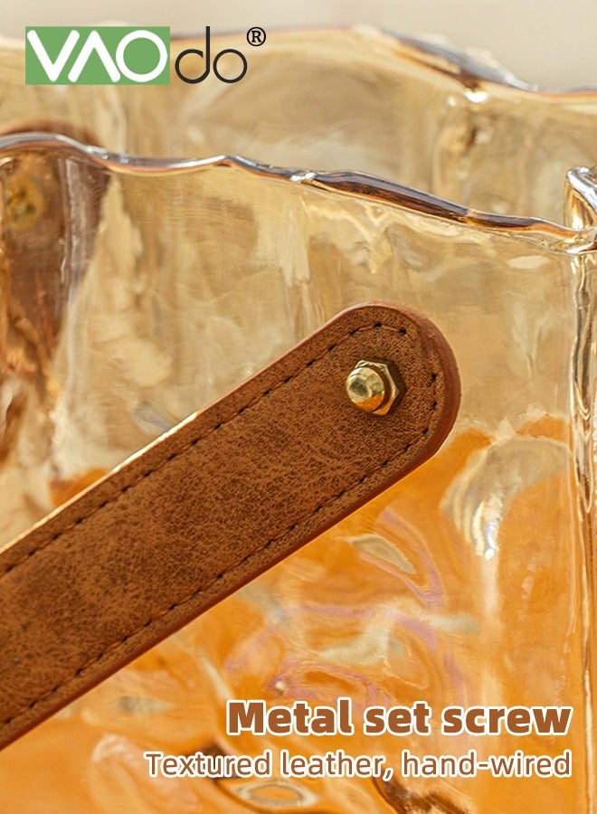 فاو دو مزهرية زجاجية إبداعية، مزهرية على شكل حقيبة يد بمقبض جلدي، مزهرية على شكل حقيبة يد كهرمانية اللون، ديكور فني لرف الكتب، سطح الطاولة، مكتب داخلي، حمام - Image 5