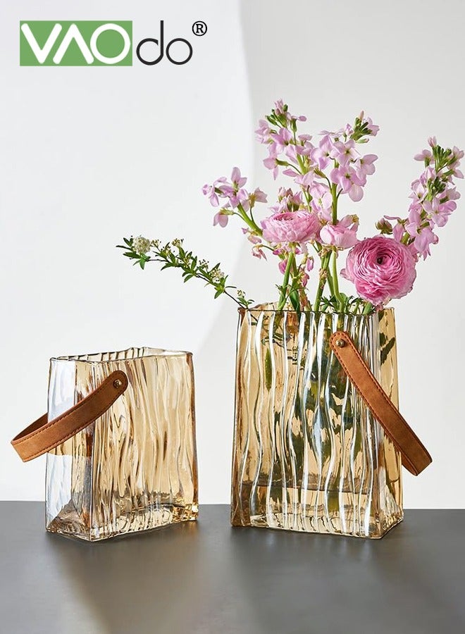 فاو دو مزهرية زجاجية إبداعية، مزهرية على شكل حقيبة يد بمقبض جلدي، مزهرية على شكل حقيبة يد كهرمانية اللون، ديكور فني لرف الكتب، سطح الطاولة، مكتب داخلي، حمام - Image 1