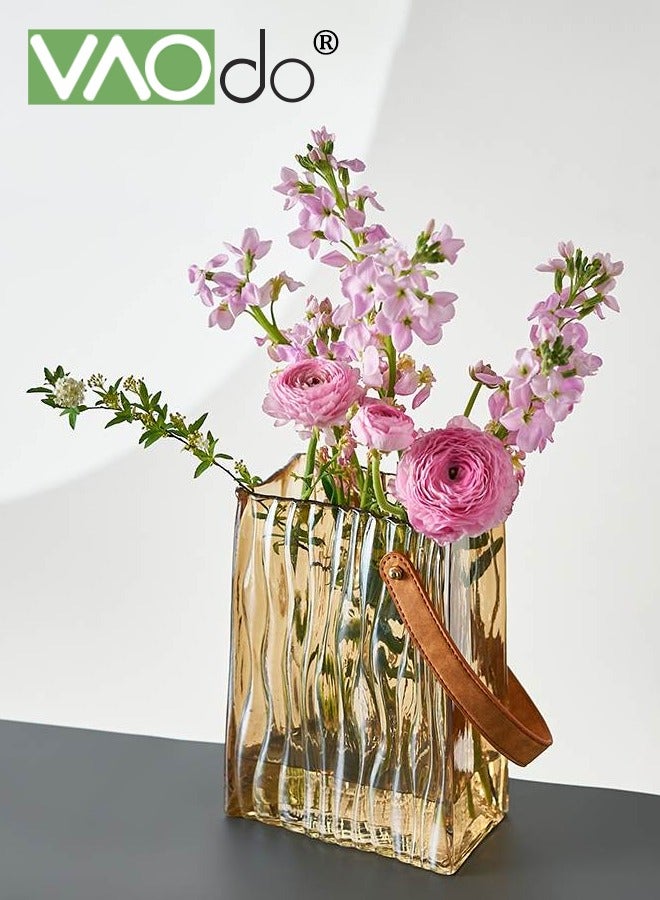 فاو دو مزهرية زجاجية إبداعية، مزهرية على شكل حقيبة يد بمقبض جلدي، مزهرية على شكل حقيبة يد كهرمانية اللون، ديكور فني لرف الكتب، سطح الطاولة، مكتب داخلي، حمام - Image 3