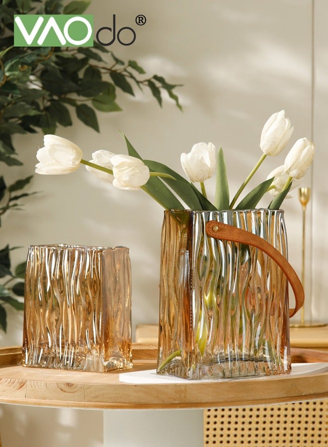 فاو دو مزهرية زجاجية إبداعية، مزهرية على شكل حقيبة يد بمقبض جلدي، مزهرية على شكل حقيبة يد كهرمانية اللون، ديكور فني لرف الكتب، سطح الطاولة، مكتب داخلي، حمام - Image 4