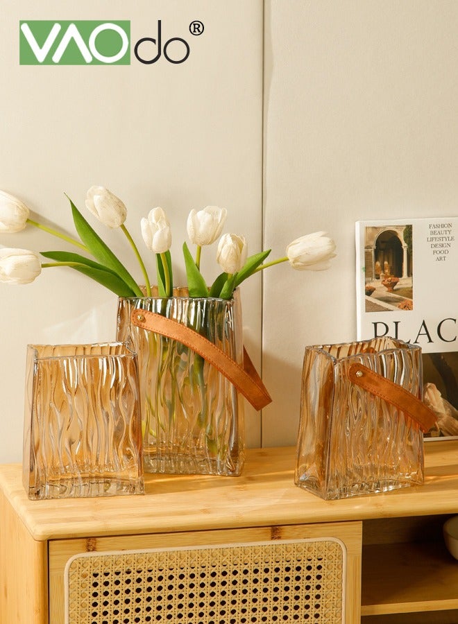 فاو دو مزهرية زجاجية إبداعية، مزهرية على شكل حقيبة يد بمقبض جلدي، مزهرية على شكل حقيبة يد كهرمانية اللون، ديكور فني لرف الكتب، سطح الطاولة، مكتب داخلي، حمام - Image 2