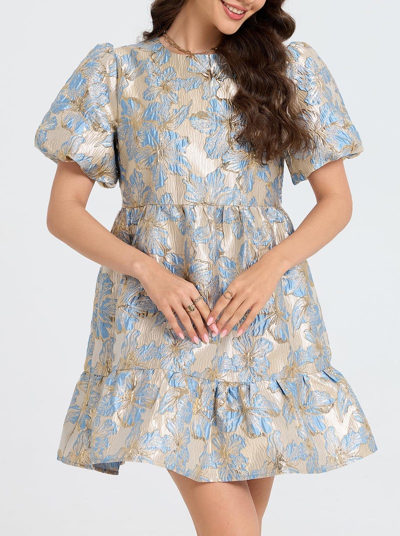 Ladyful Women's Floral Jacquard Mini Dress Short Puff Sleeve Tiered A-Line Dress Summer Elegant Shiny Party Outfits Blue - Image 5
