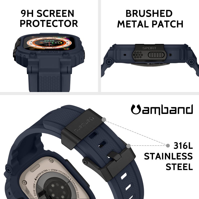 amBand for Apple Watch Ultra 3/2/1 Case, M1 Sport Series Durable Bumper and Screen Protector Fits iWatch Ultra Bands 49mm, Waterproof Gym Workout Accessories for Running Swimming Boating - Navy Blue - Image 3