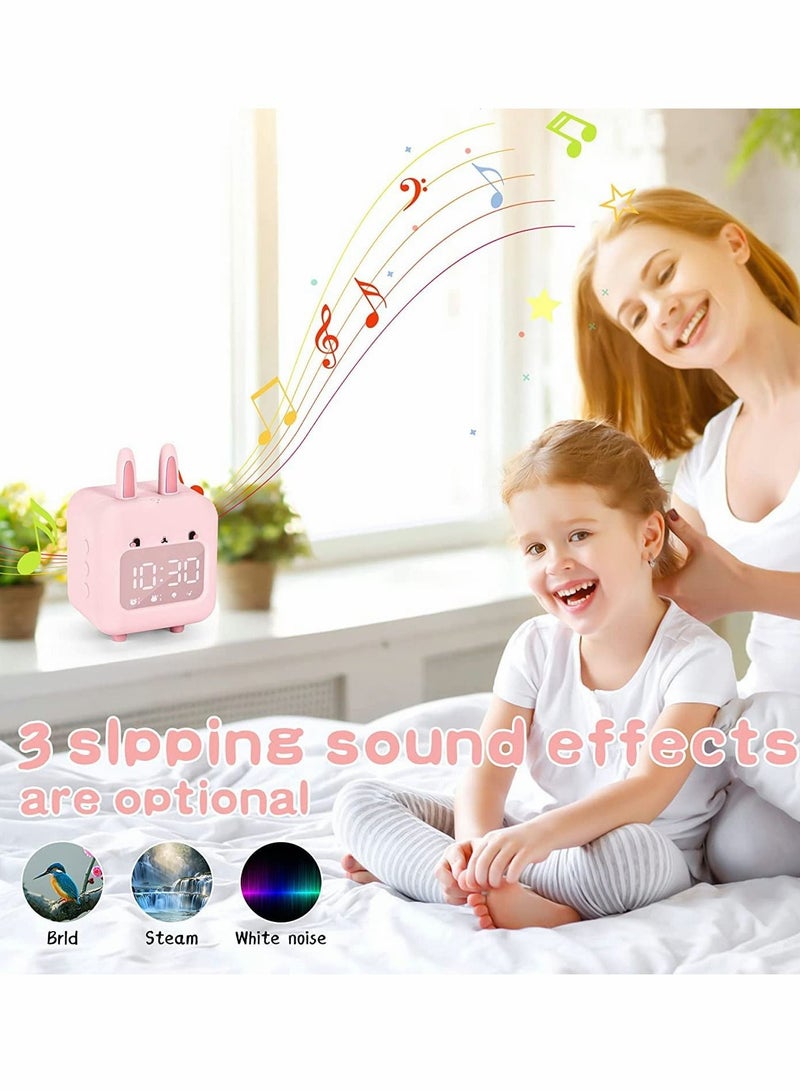 SYOSI Kids Alarm Clock, Digital Night Light Sound Activated Chime White Noise Customizable Ringtones Cute Bunny Alarm Clock with USB - Image 2