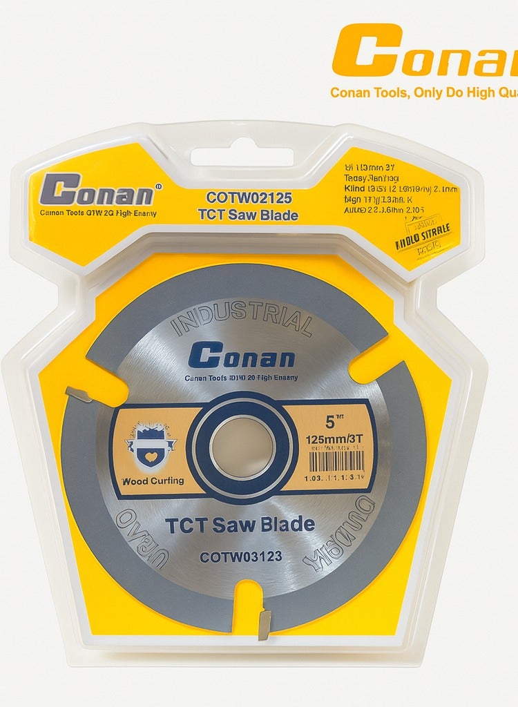 Conan TCT Circular Saw Disc Blade for Wood Cutting - 5" (125mm), 3T Teeth, Model COTW03125, Industrial Grade - Image 1
