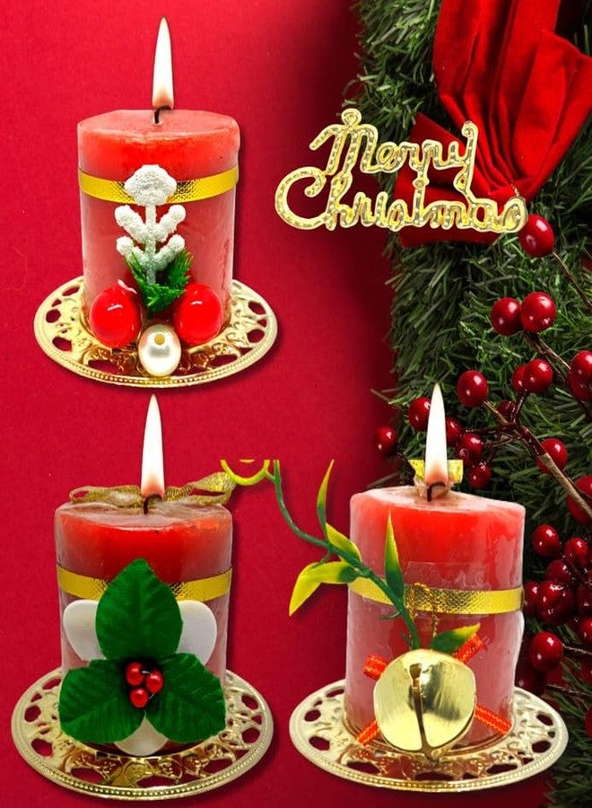 Quarya Decorative Candles Red Wax Pillar Design Round Merry Christmas Candles with Decoration Items for Xmas Santa Candles (Pack of 3) - Image 4