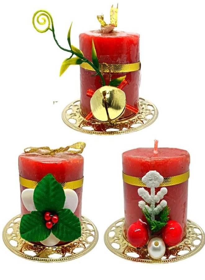 Quarya Decorative Candles Red Wax Pillar Design Round Merry Christmas Candles with Decoration Items for Xmas Santa Candles (Pack of 3) - Image 1