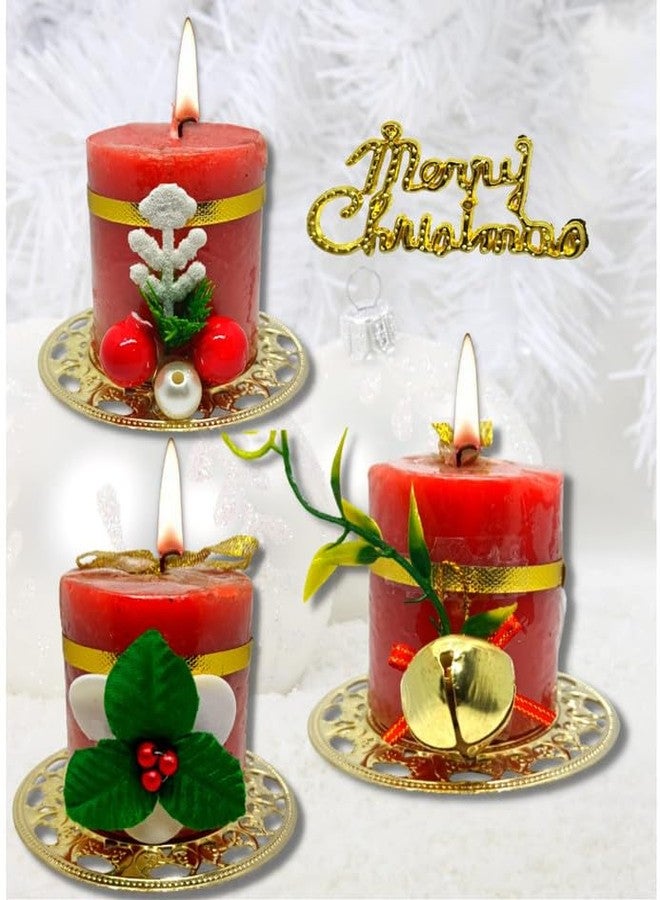 Quarya Decorative Candles Red Wax Pillar Design Round Merry Christmas Candles with Decoration Items for Xmas Santa Candles (Pack of 3) - Image 2