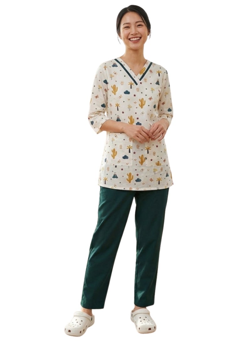 زي/مربية/جليسة أطفال، تختلف من بلوز وبنطال بنقشة زهور، بياقة على شكل حرف V وأكمام ثلاثة أرباع، من القطن.