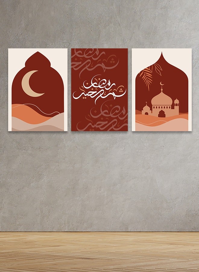 Marktna Set Of 3 Framed Canvas Wall Arts Stretched Over Wooden Frame with an Islamic Design for Ramadan Design - Image 1