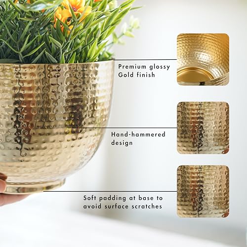 BEHOMA Metal Hammered Golden Bowl Planter for Home Decoration | Plant Pots for Home Living Room Bedroom Office Decor | Size Height- 5.5" x Dia. 8" inch (Plants not Included) - Image 4