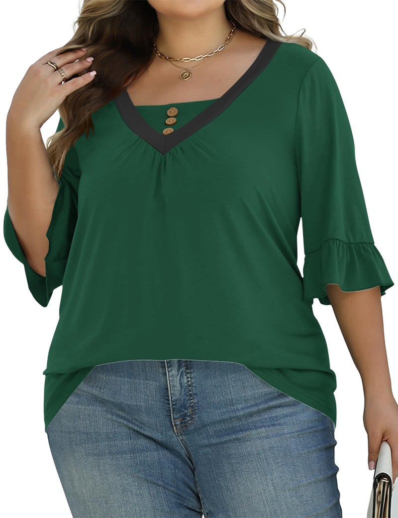 TFSDOD Plus Size Tunic Tops for Women 3/4 Ruffle Sleeve Pleated Blouses to Wear with Leggings Summer Green 3XL - Image 3