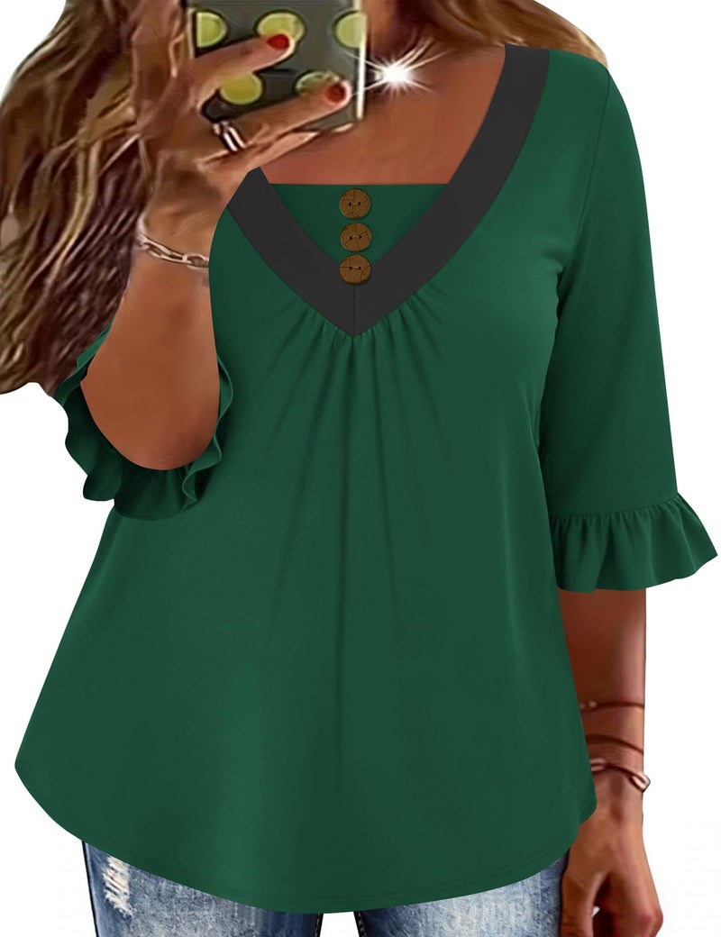 TFSDOD Plus Size Tunic Tops for Women 3/4 Ruffle Sleeve Pleated Blouses to Wear with Leggings Summer Green 3XL - Image 1