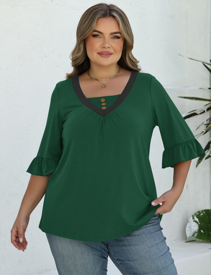 TFSDOD Plus Size Tunic Tops for Women 3/4 Ruffle Sleeve Pleated Blouses to Wear with Leggings Summer Green 3XL - Image 5