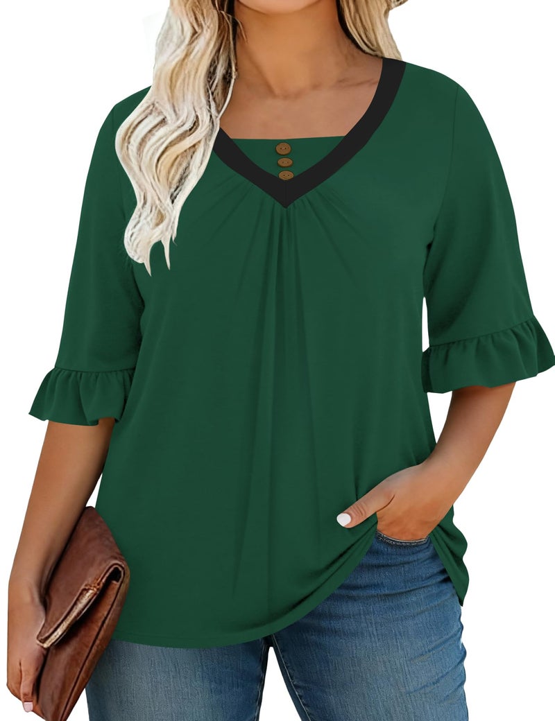 TFSDOD Plus Size Tunic Tops for Women 3/4 Ruffle Sleeve Pleated Blouses to Wear with Leggings Summer Green 3XL - Image 2