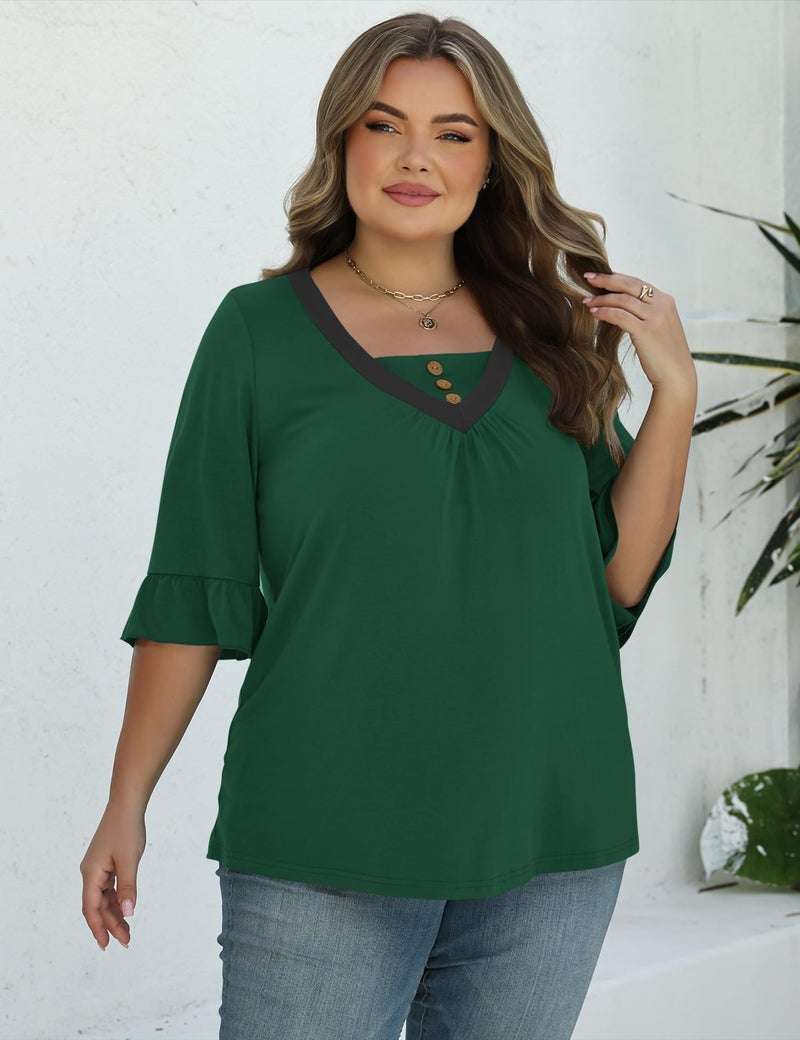 TFSDOD Plus Size Tunic Tops for Women 3/4 Ruffle Sleeve Pleated Blouses to Wear with Leggings Summer Green 3XL - Image 4
