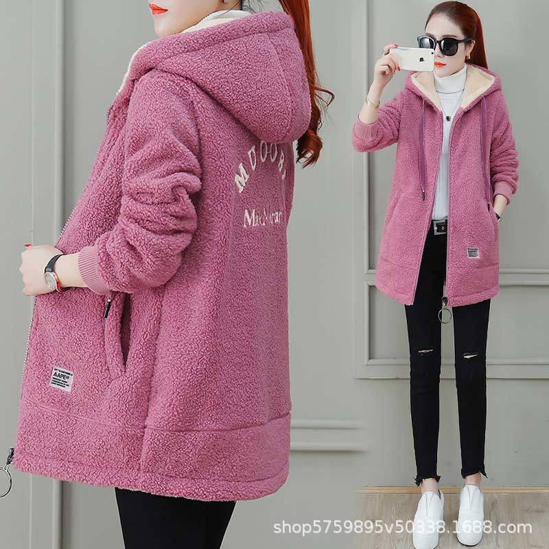 Fleece-lined Thickened Sweater Womens Korean-style New All-match Autumn and Winter Top Cardigan Winter Imitation Lamb Wool Jacket Trendy Pink - Image 1