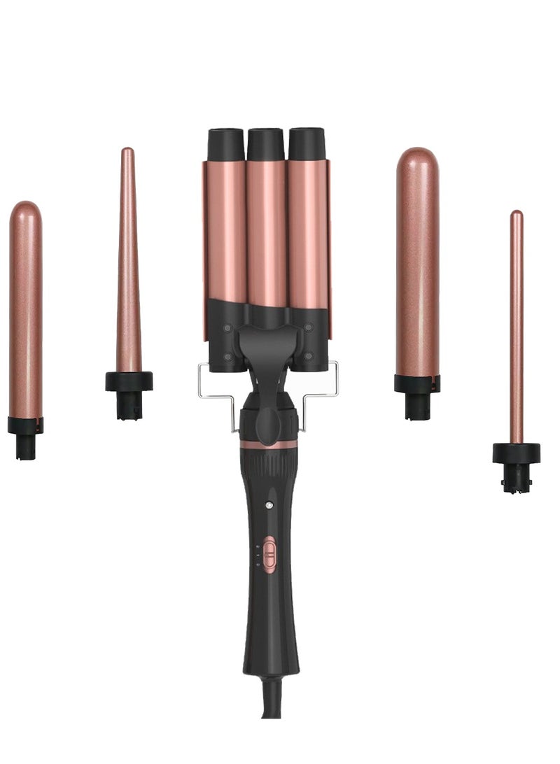 Eesyy 5-in-1 Curling Wand Set (9-32mm) with 3-Barrel Curler – Fast Heat-Up PTC, Tourmaline Ceramic Coating, Anti-Frizz, Adjustable Temperature (180–210°C), Includes Heat-Resistant Glove & Clips  - Image 1