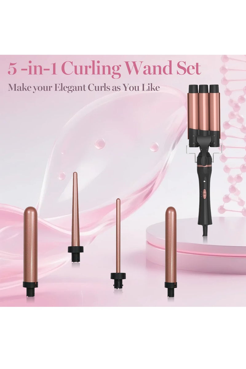 Eesyy 5-in-1 Curling Wand Set (9-32mm) with 3-Barrel Curler – Fast Heat-Up PTC, Tourmaline Ceramic Coating, Anti-Frizz, Adjustable Temperature (180–210°C), Includes Heat-Resistant Glove & Clips  - Image 2