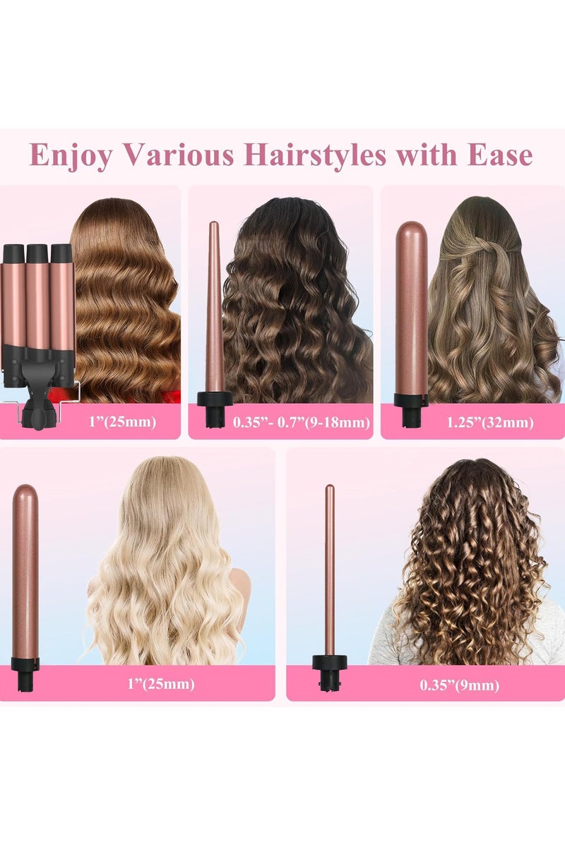 Eesyy 5-in-1 Curling Wand Set (9-32mm) with 3-Barrel Curler – Fast Heat-Up PTC, Tourmaline Ceramic Coating, Anti-Frizz, Adjustable Temperature (180–210°C), Includes Heat-Resistant Glove & Clips  - Image 4