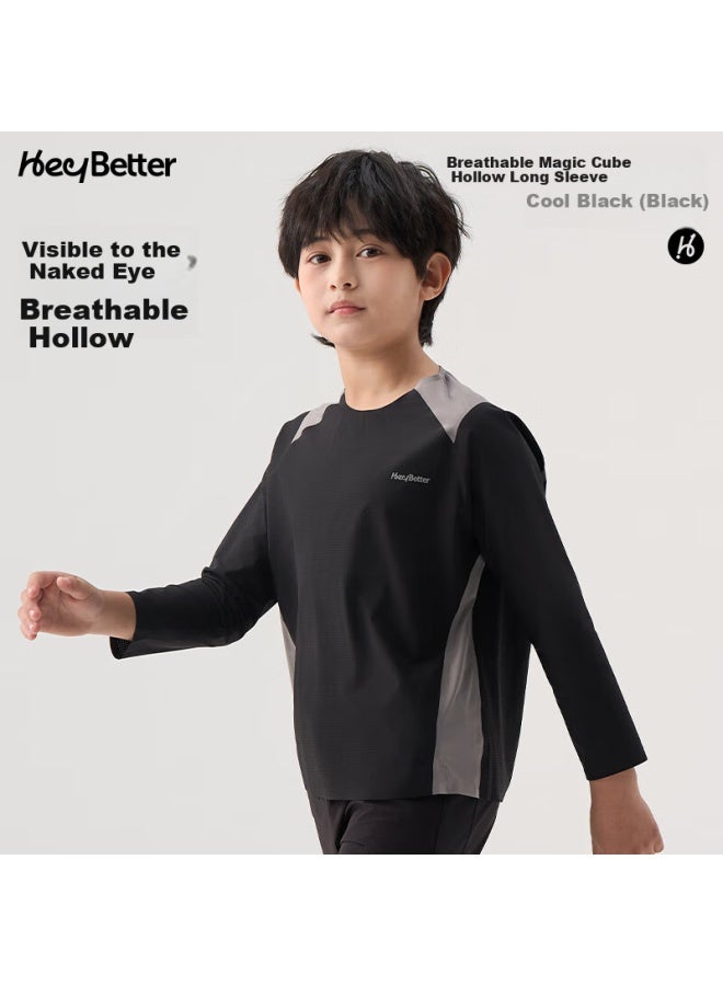Heybetter Kids' Long Sleeve T-Shirt Breathable Moisture-Wicking Quick-Drying Spring Summer Top Cool Feeling Top Cool Black (Black) 130 - Image 2