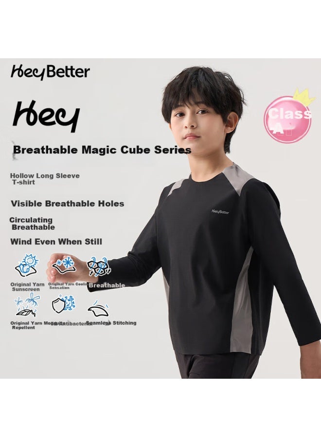 Heybetter Kids' Long Sleeve T-Shirt Breathable Moisture-Wicking Quick-Drying Spring Summer Top Cool Feeling Top Cool Black (Black) 130 - Image 3