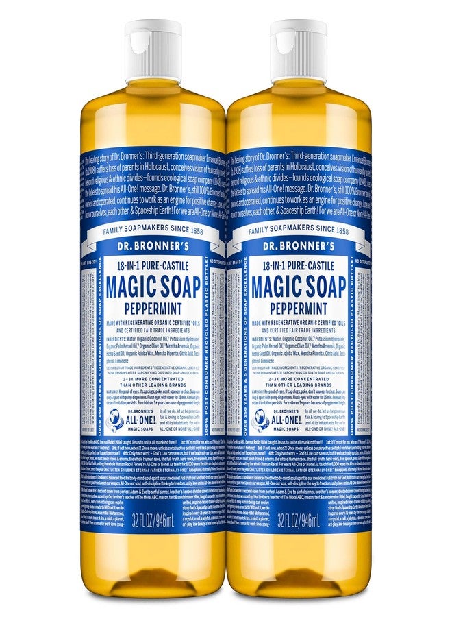 Dr. Bronner's صابون سائل سحري نقي من د. برونر - مصنوع من زيوت عضوية متجددة - للجسم، الوجه، الشعر، الأطباق، الحيوانات الأليفة، الغسيل طبيعي، نباتي، غير معدل وراثيًا - نعناع، 32 أونصة (عبوة 2) - Image 1