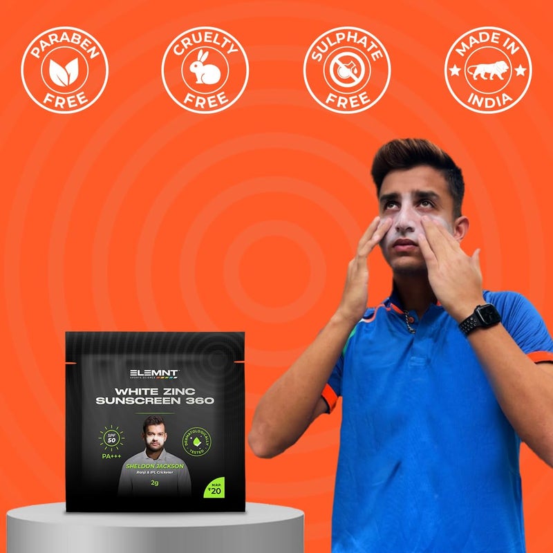 Elemnt White Zinc Sunscreen for Cricketers 2gm Sachet Sunscreen Cream SPF 50 Sweat Water Resistant Sunscreen Aloe Vera Scented 100 - Image 4